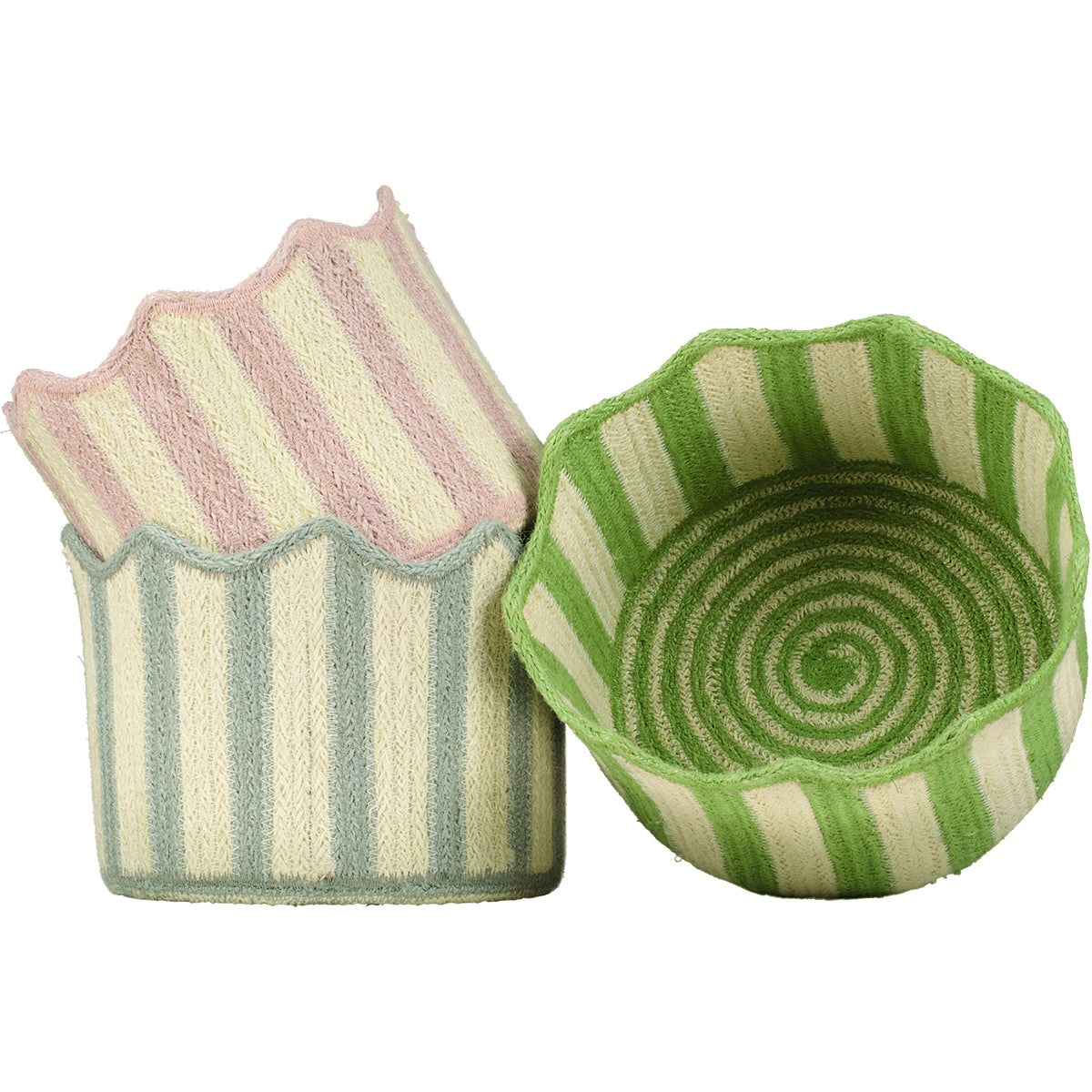 Stripy Scalloped Basket - Green