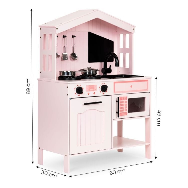 a child's hands using the pink wooden kitchen's clicking knobs and movable faucet during imaginative play