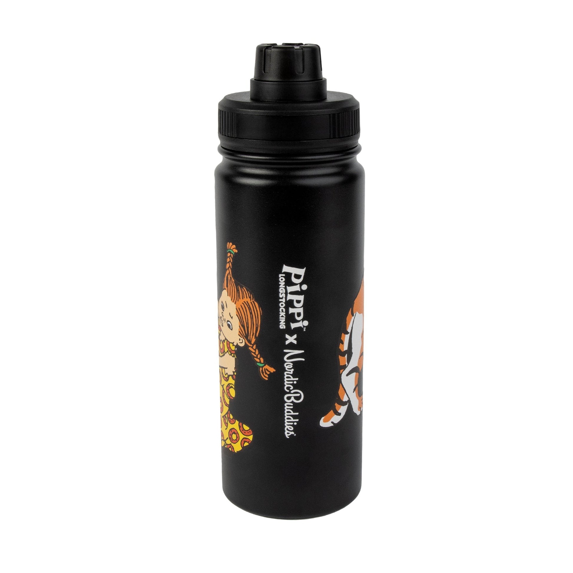 black pippi thermal bottle on a wooden desk next to a laptop, showing its practical screw cap and durable build