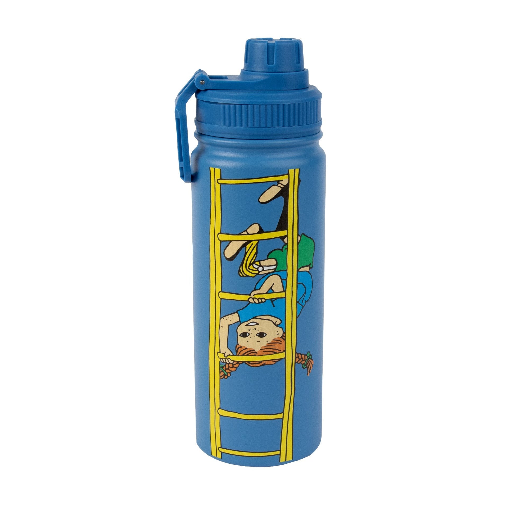 bold blue pippi thermal bottle on a granite surface, showcasing its sleek double-walled stainless steel design