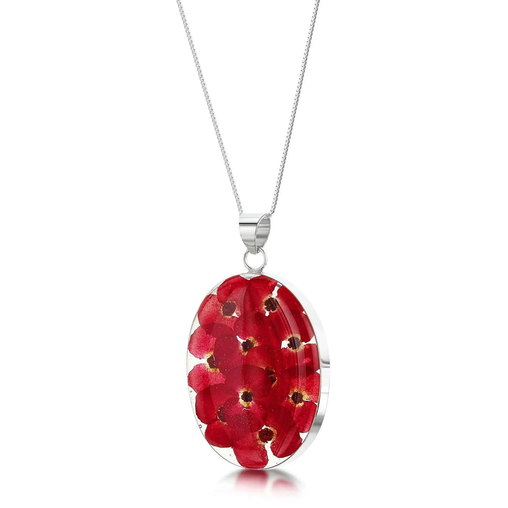 Large Oval Poppy Necklace in Sterling Silver with Real Flowers