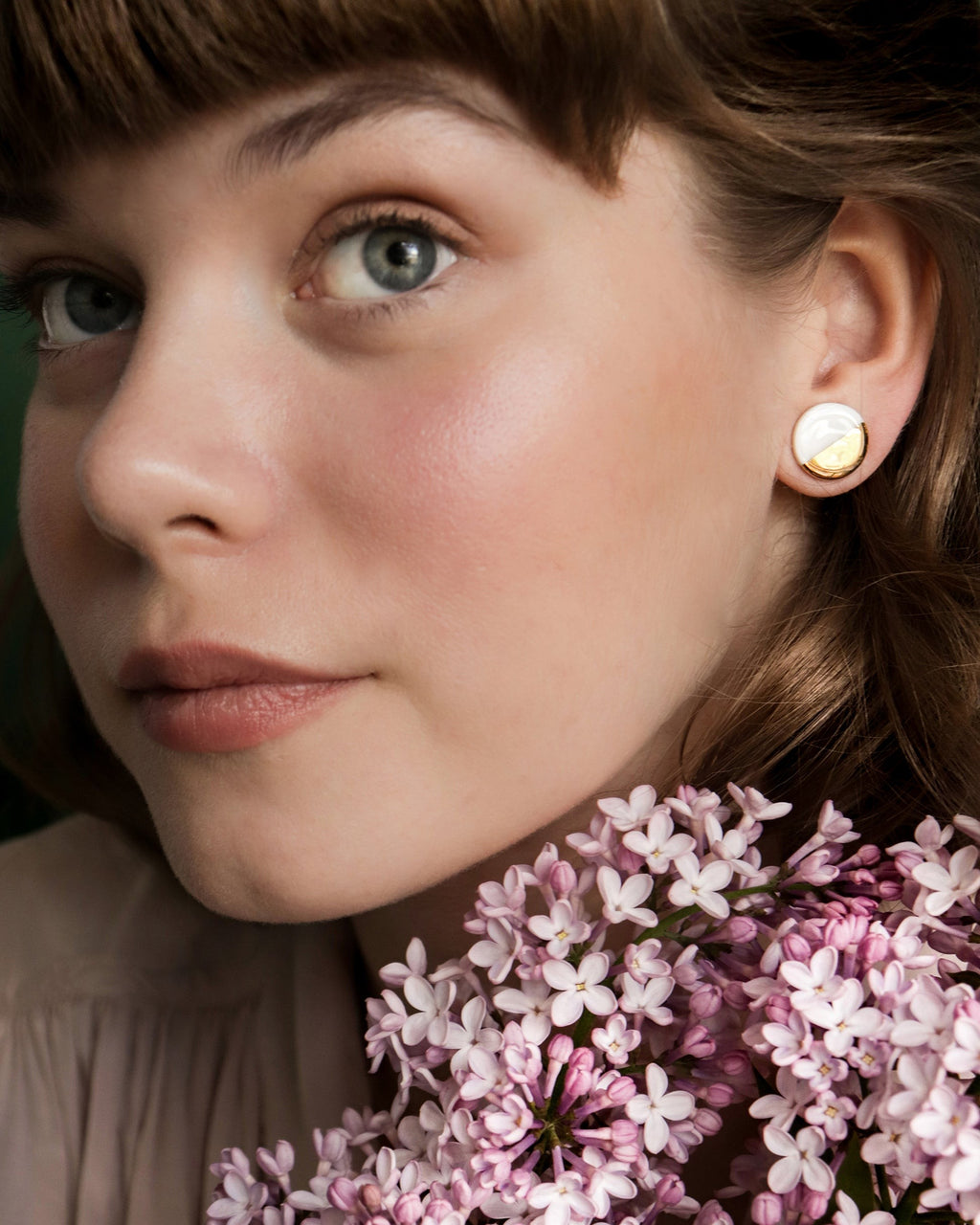 Porcelain Round Stud Earrings - Green and Gold