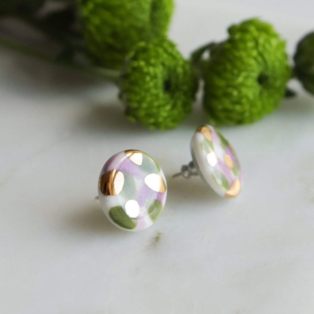 Porcelain Tache Studs -  Green and Violet