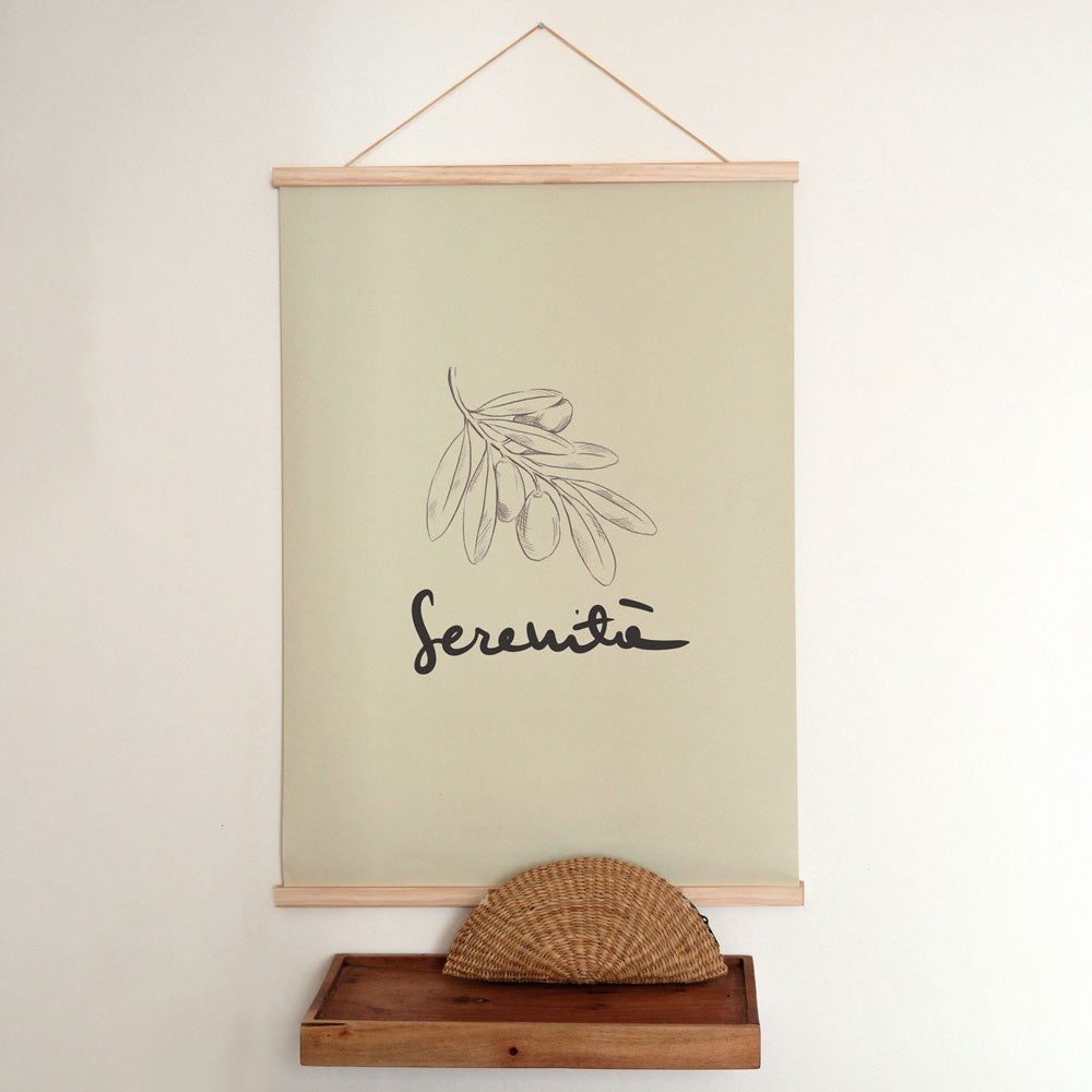 bold minimalist serenita poster 50x70 cm on a dark wall with dramatic lighting