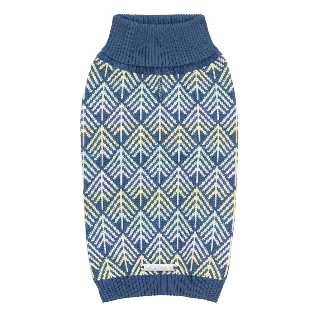 a playful dog in a navy blue pullo sweater with pastel stripes, mid-run in a sunlit park