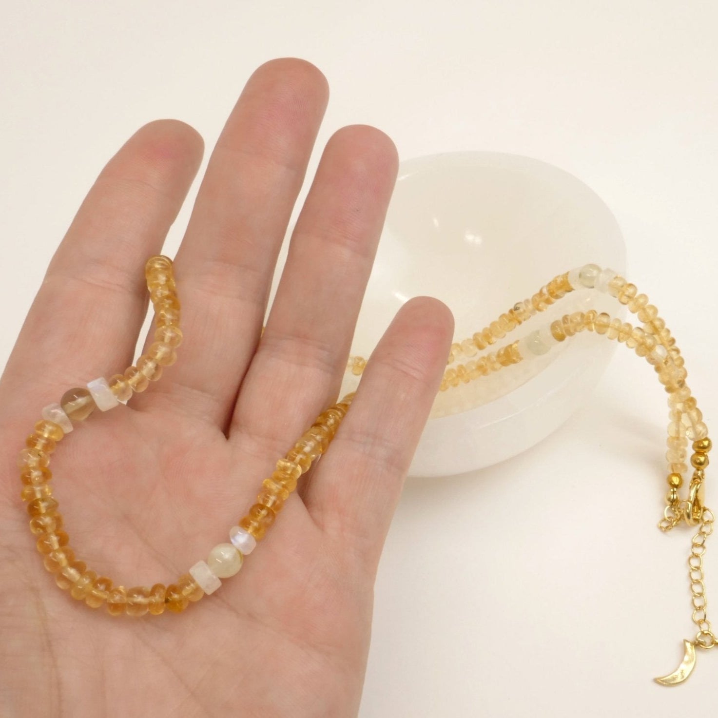 Pure Citrine Gemstone Necklace with Moon Charm