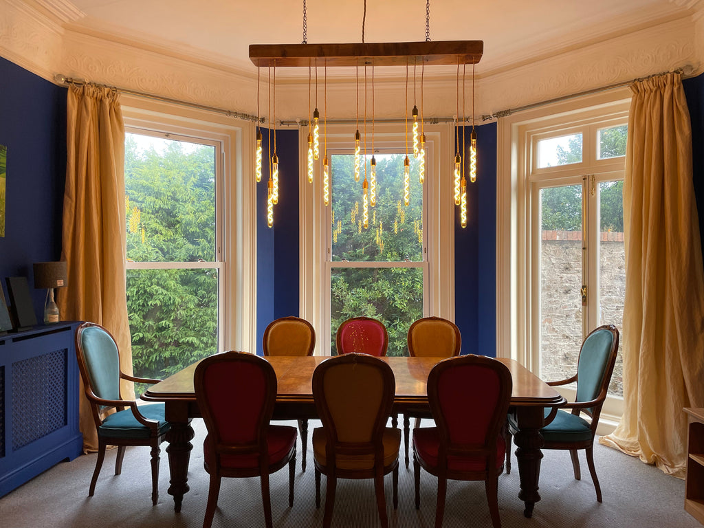 Quintriplet Oak Beam Chandelier with Cascading Pendant Clusters