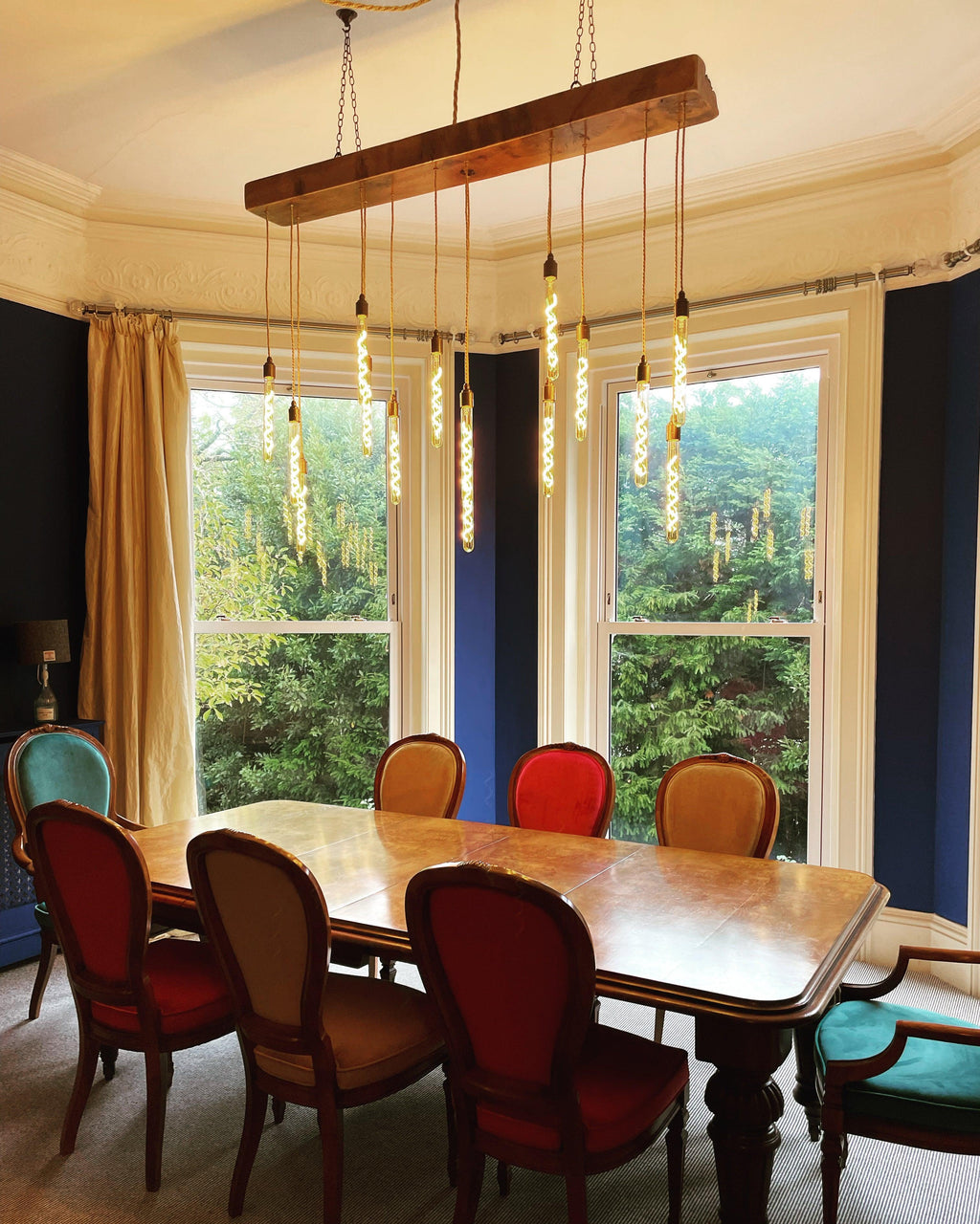 Quintriplet Oak Beam Chandelier with Cascading Pendant Clusters
