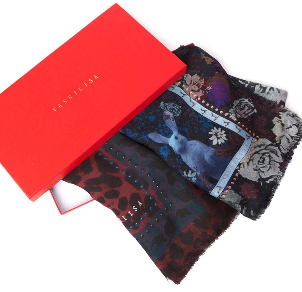 Midnight Blue Scarf with Bunnies and Florals Print