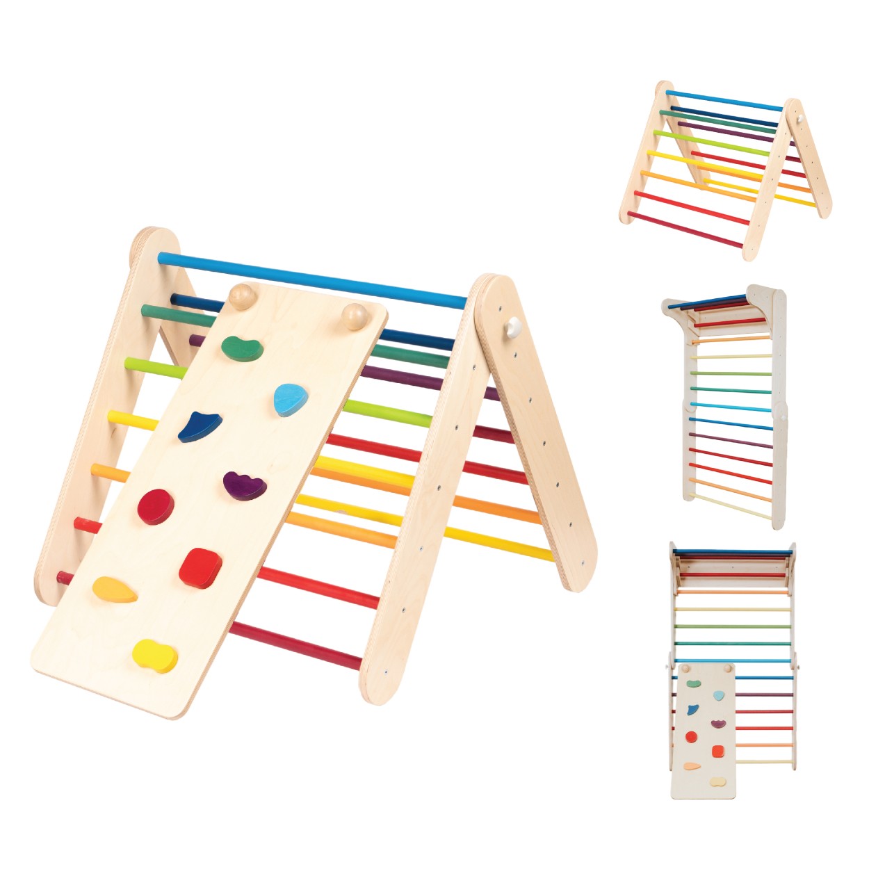 rainbow climbing ramp shown in a bright room, highlighting its adjustable slope and birch plywood construction