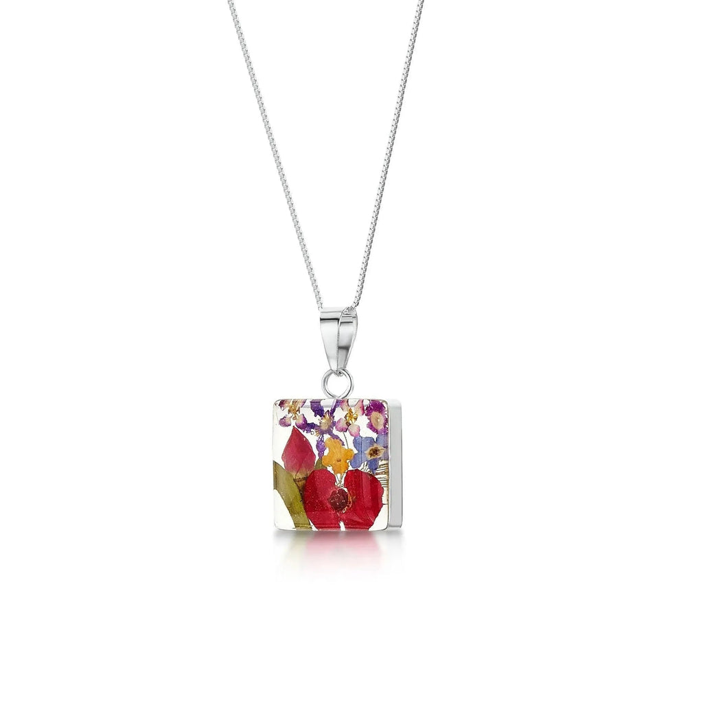 Sterling Silver Square Pendant Necklace with Real Flowers
