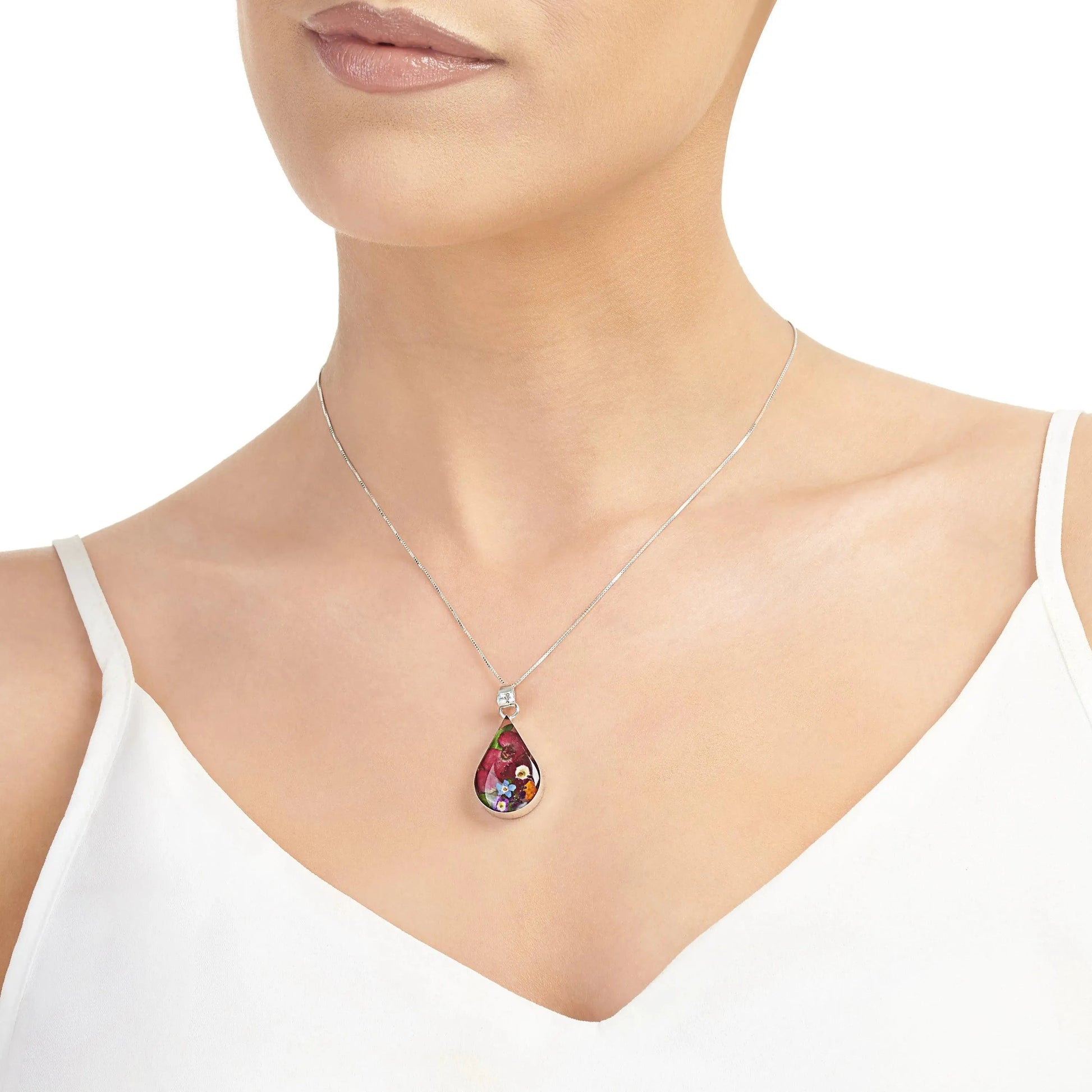 Teardrop Flower Pendant Necklace Real Flowers in Sterling Silver