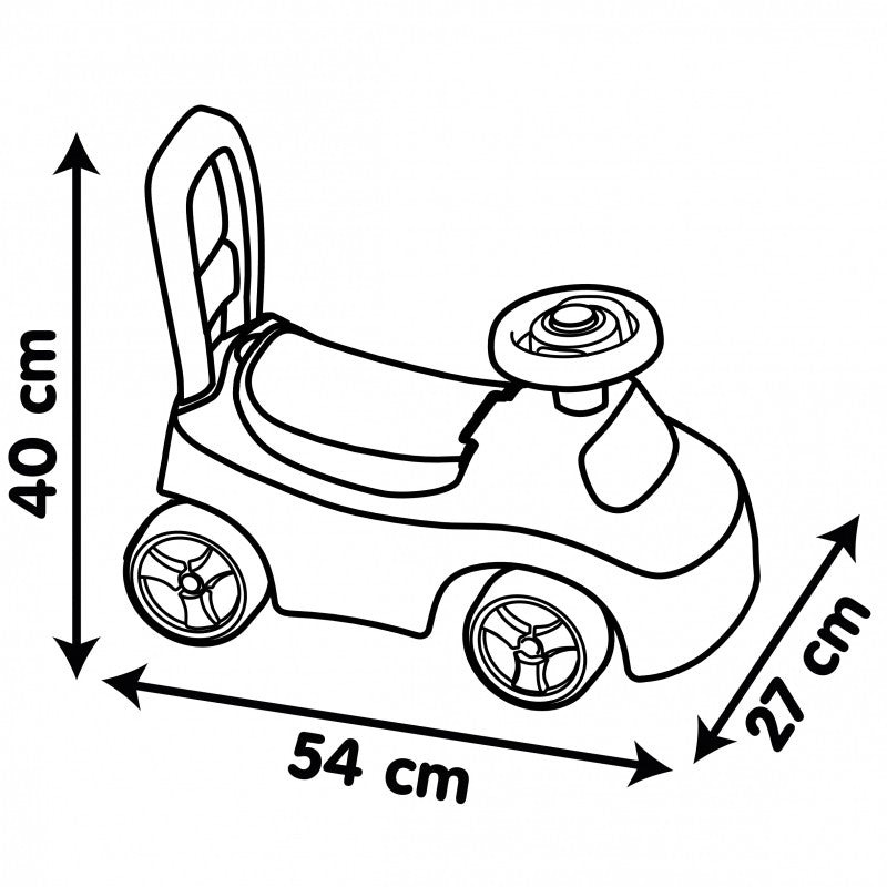 side profile of the smoby red ride-on car showing the ergonomic handle and storage compartment