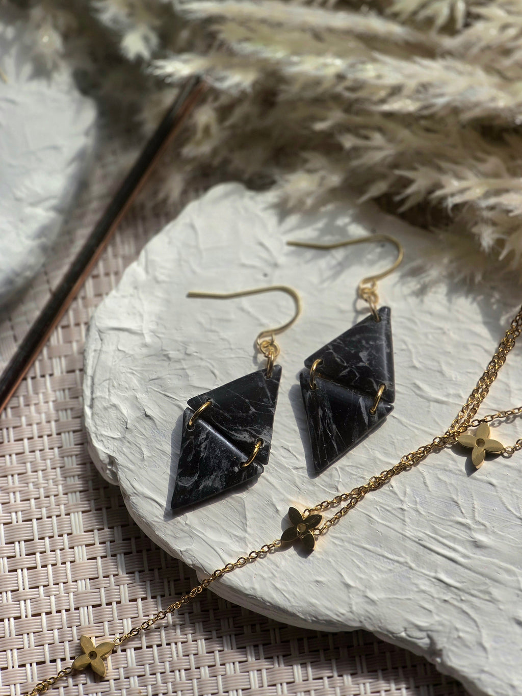 Black Marble French Hook Earrings