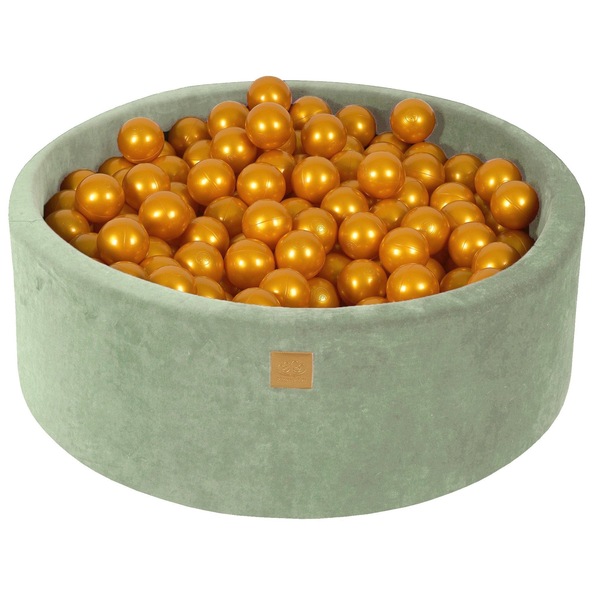 bold close-up of a sage velvet ball pit overflowing with 200 golden play balls