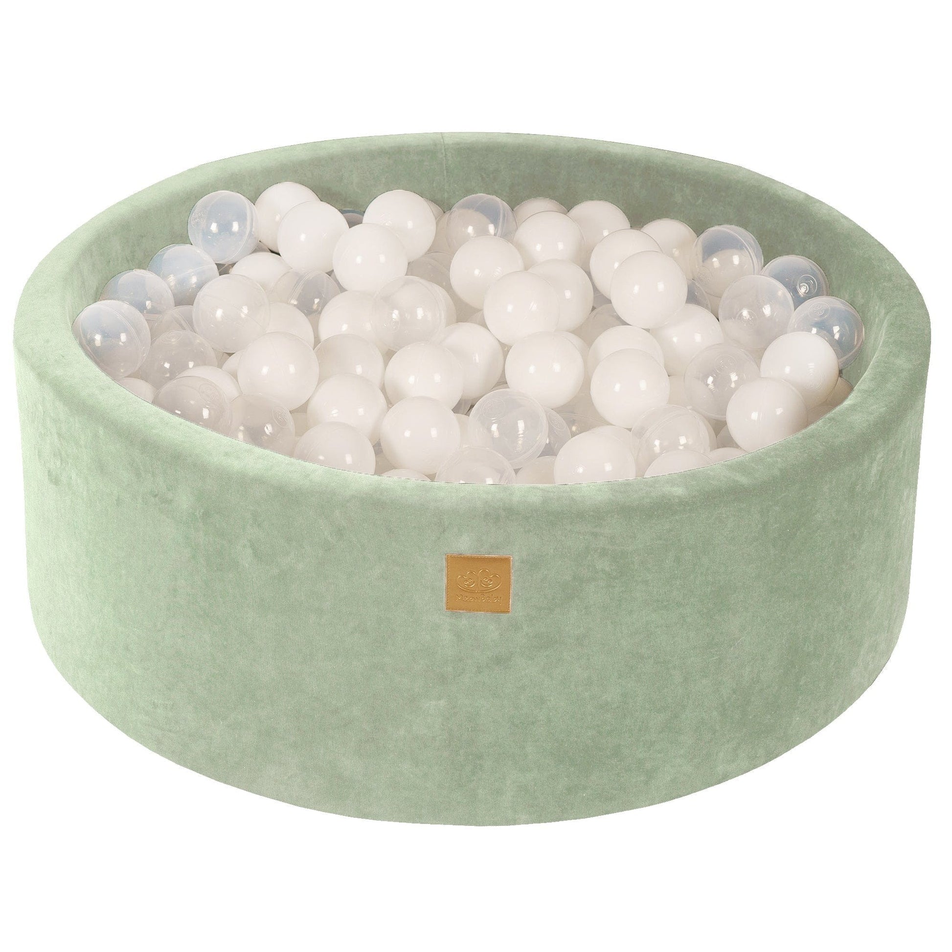 bold sage velvet ball pit in dramatic low-angle shot with 200 colorful play balls