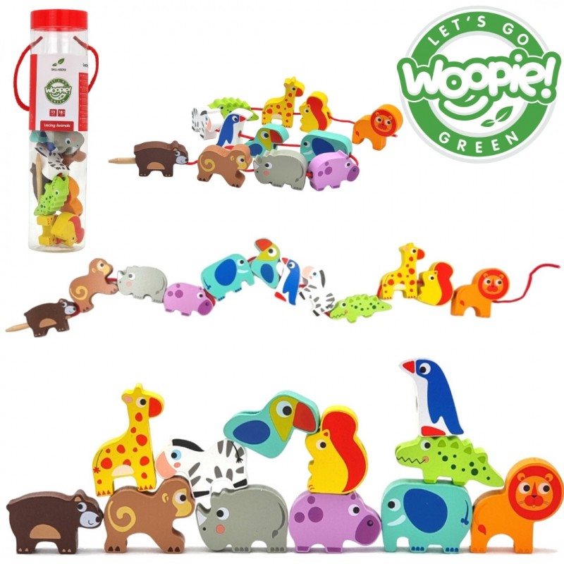 playful lion wooden threading block with string from a kids safari animal set