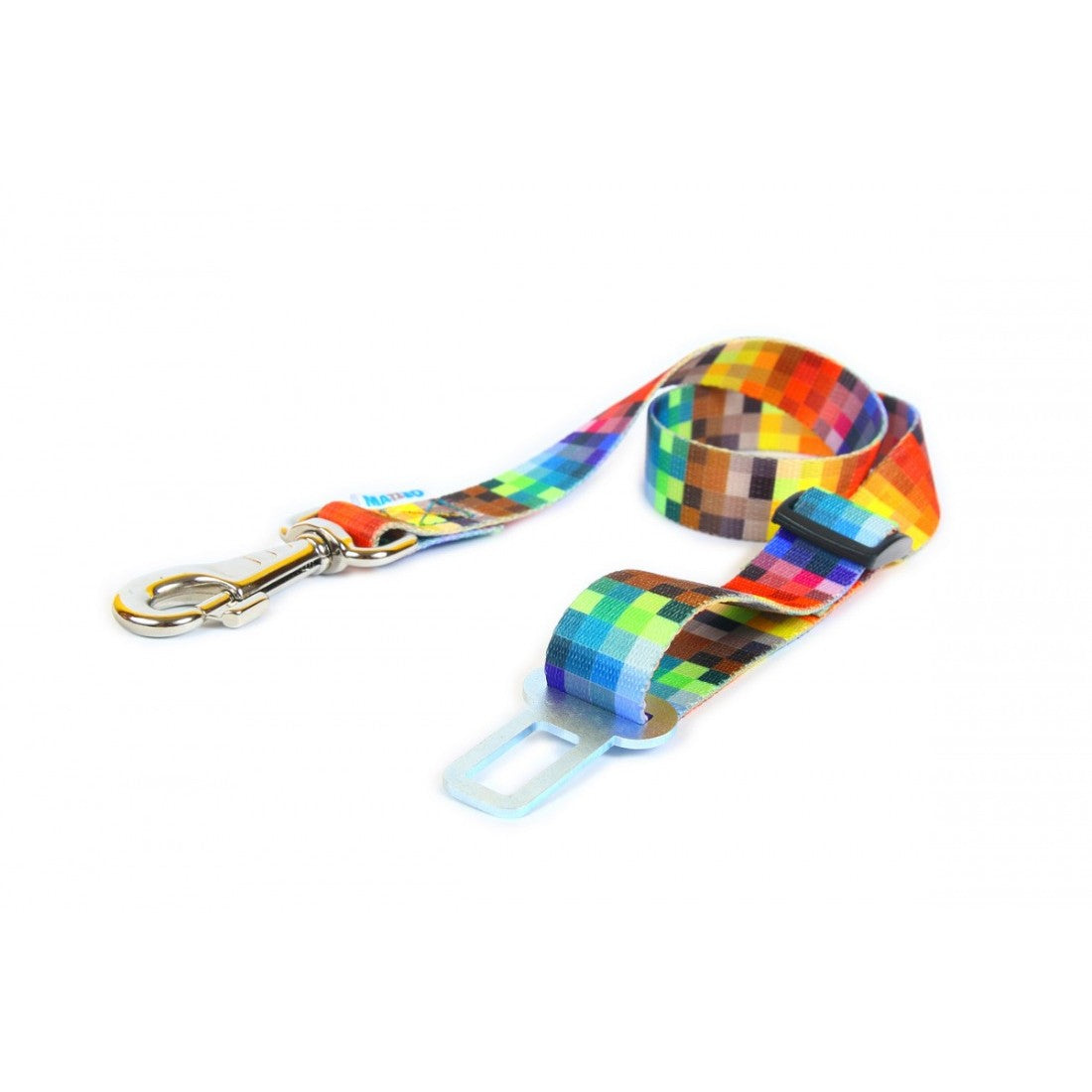 bold close-up of a durable dog safety belt clicked into a car buckle, ready for adventure