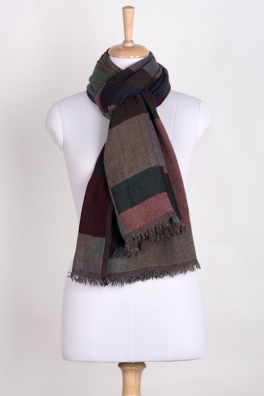 Mix Checks Jacquard Merino Wool Scarf in Red Blue Multi