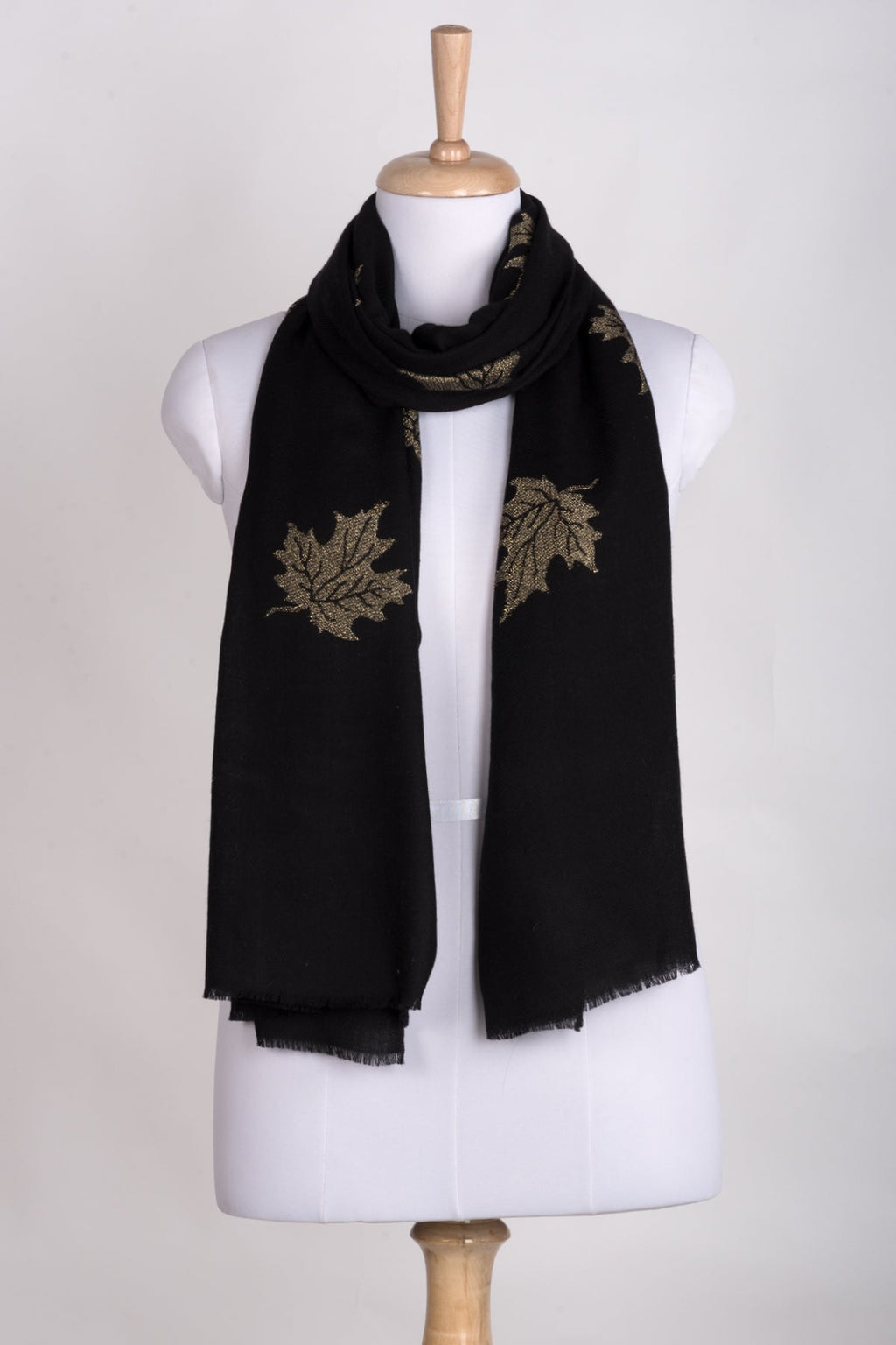 Gold Maple Leaf Cashmere Wool Scarf in Black