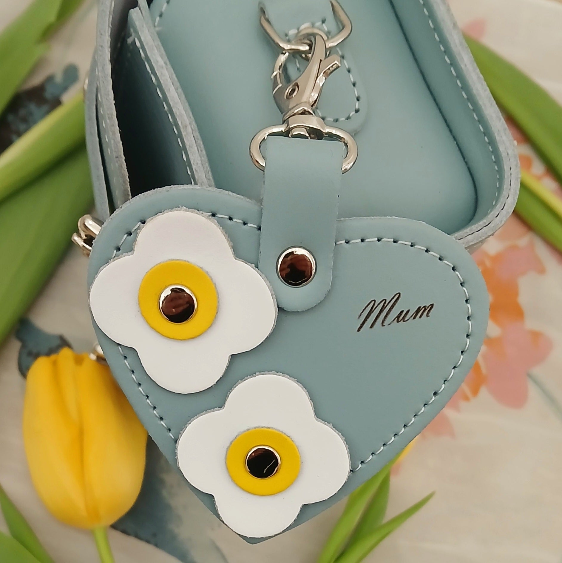 Love Heart Bag Charm with Mum Engraving and Flower Appliques in Sea Green