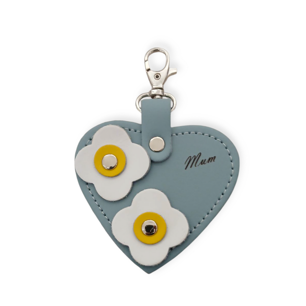 Love Heart Bag Charm with Mum Engraving and Flower Appliques in Sea Green