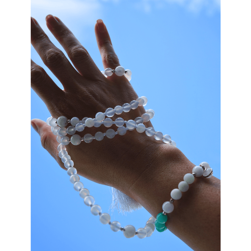 Moonstone Mala Necklace and Bracelet Set with Meditation Guide