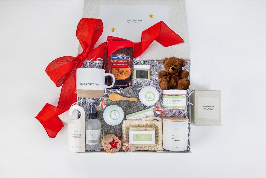 softly lit luxury spa gift set with a cozy teddy bear and ceramic mug on a calming background