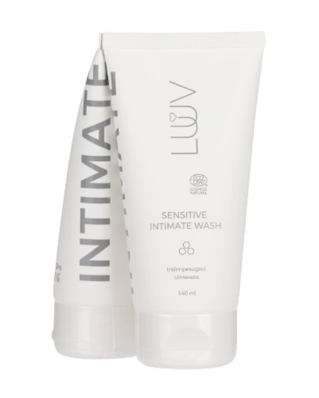 bold close-up of gentle sensitive intimate wash bottle with dense silky foam against a dark background