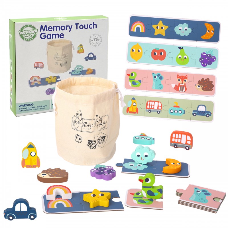 a child's hands feeling the smooth wooden shapes of the woopie green sensory puzzle on a table