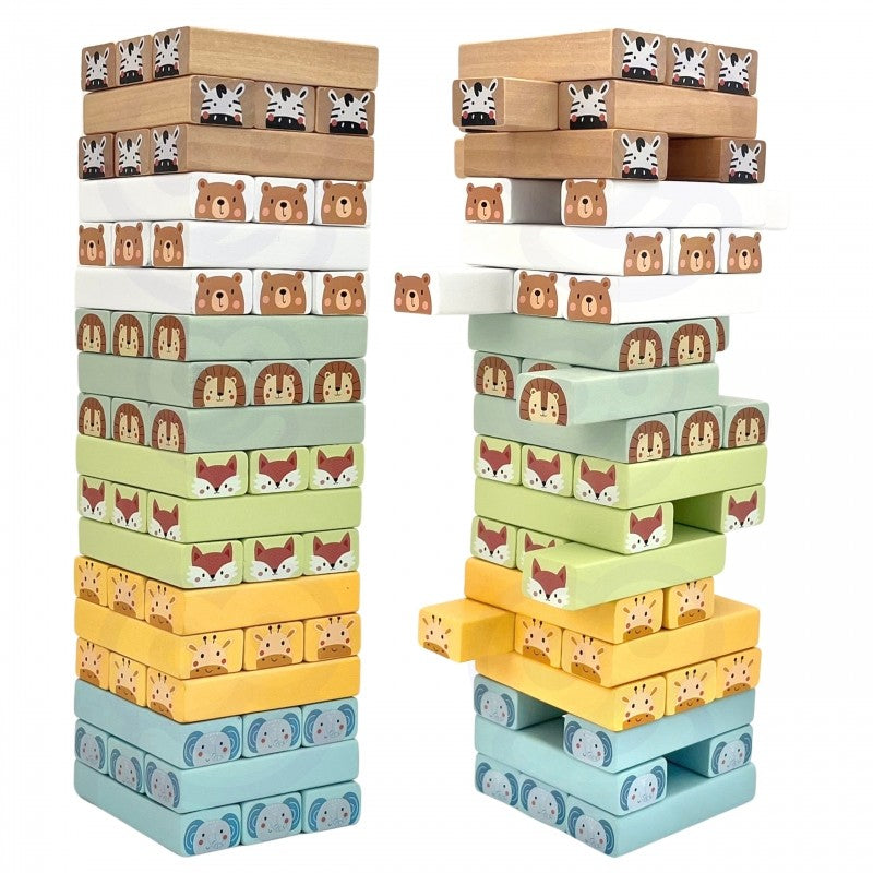 close-up of a child's hands carefully placing a soft pastel wooden block on the shaky tower