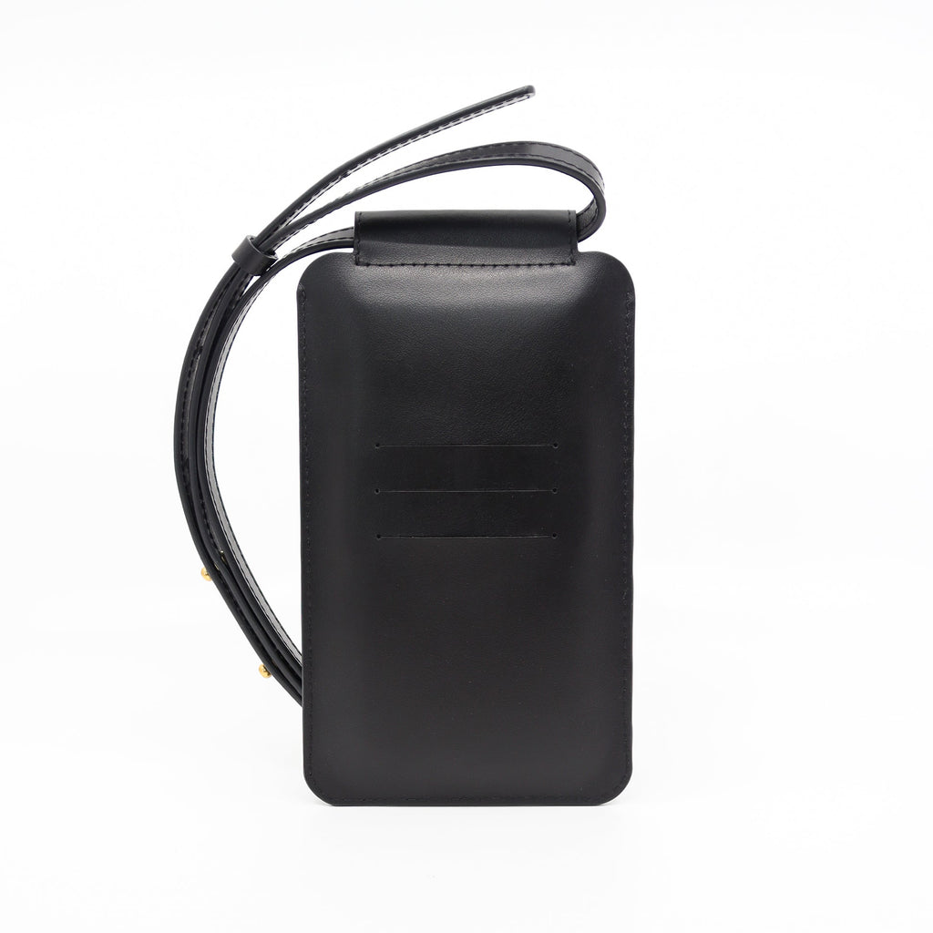 soft black leather crossbody phone bag with adjustable strap and card slots