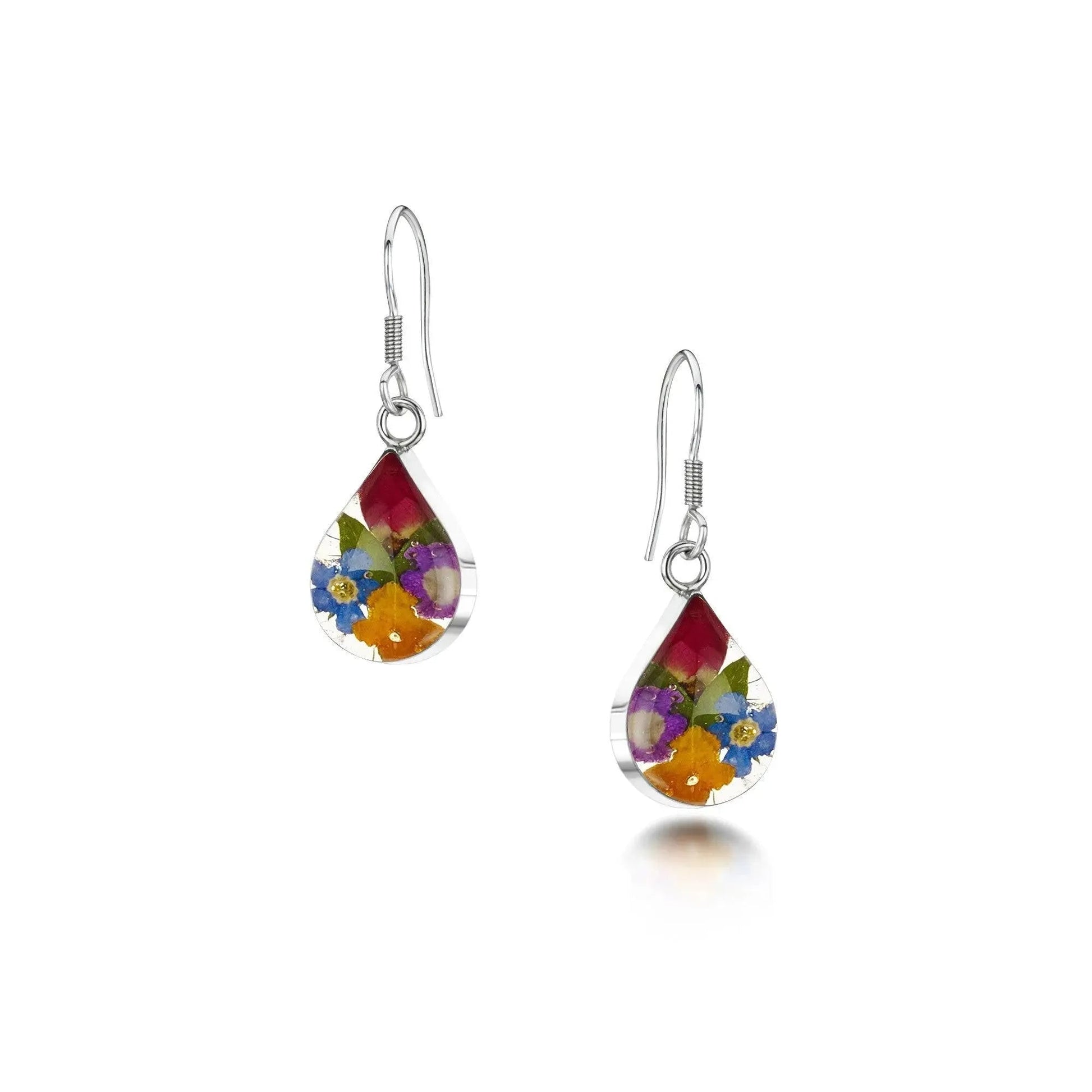 Sterling Silver Teardrop Earrings with Real Miniature Roses and Forget-Me-Nots