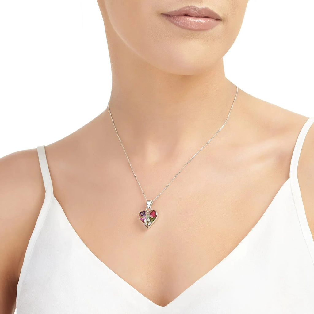 Sterling Silver Floral Heart Necklace with Real Flowers
