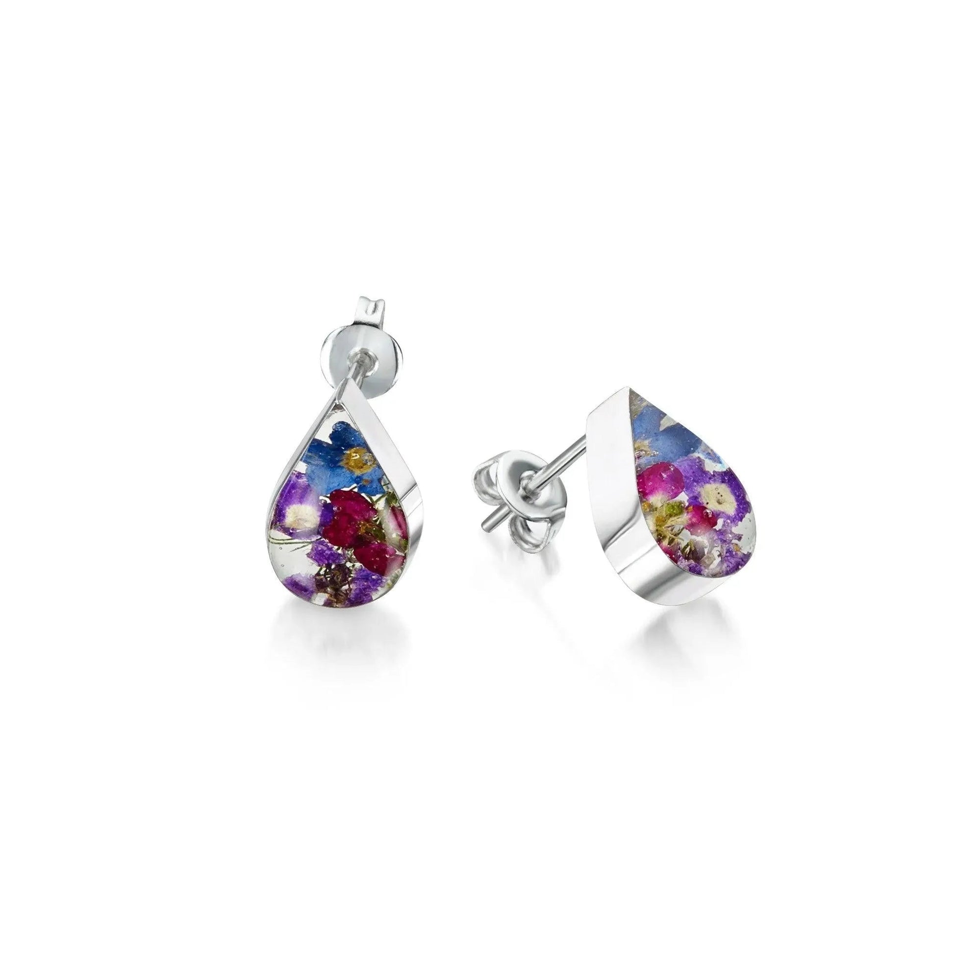 Silver Teardrop Stud Earrings in Purple Haze