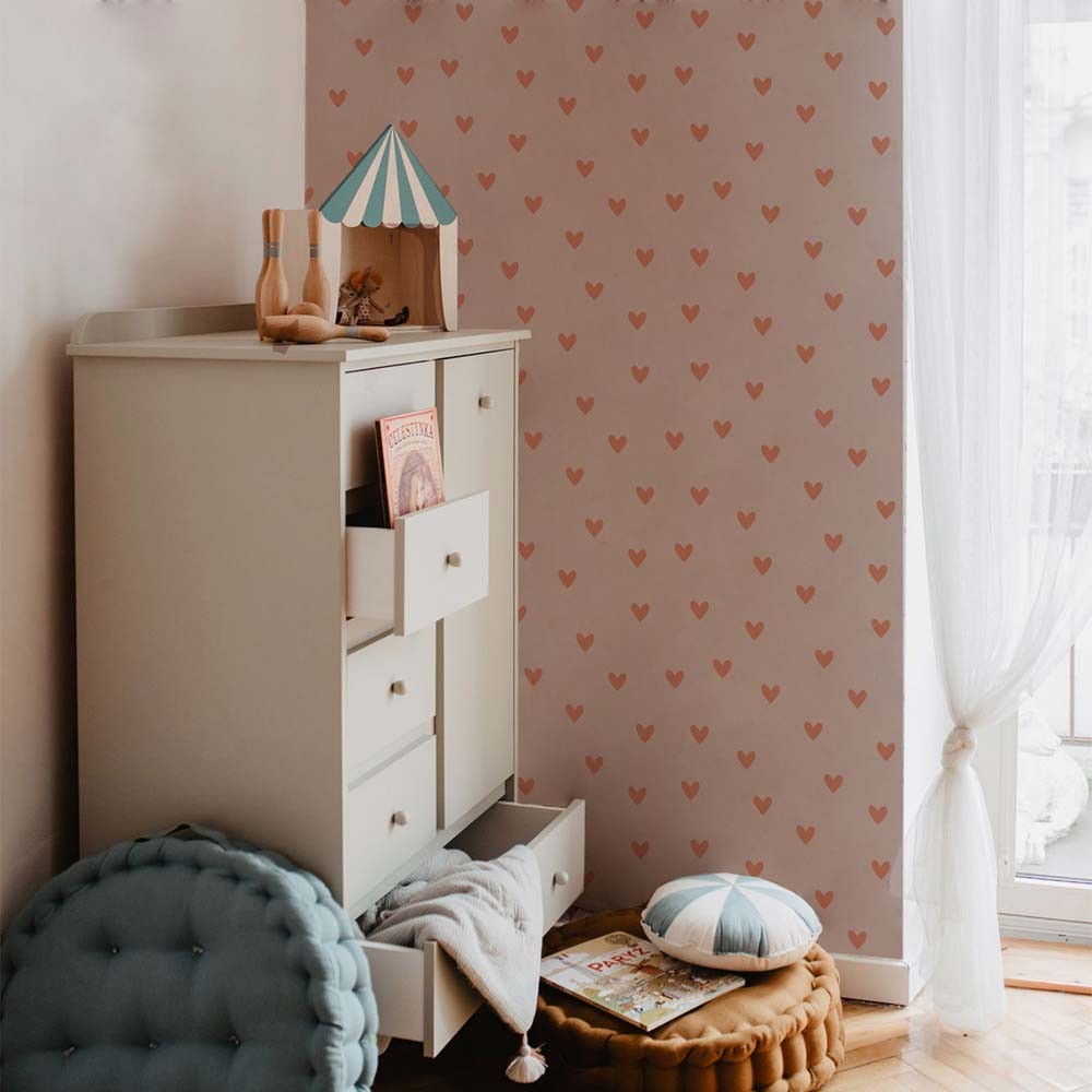 bold close-up of charming hearts wallpaper on a soft beige background