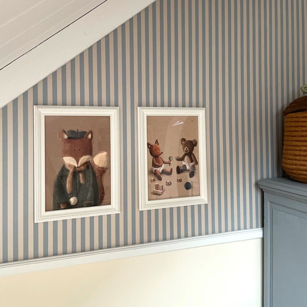 close-up of beige and blue vintage stripe wallpaper showing precise 1.5 cm width and matte texture for easy measuring