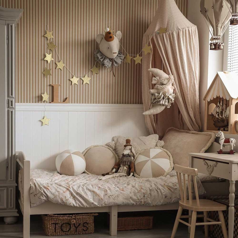 bold beige and brown vintage stripe wallpaper in dramatic low-angle light