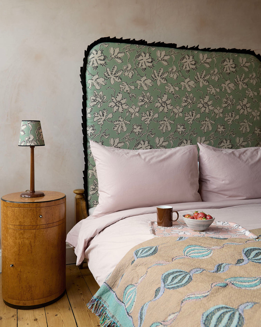 Curved Frill Headboard in Seafoam Floral Sketch