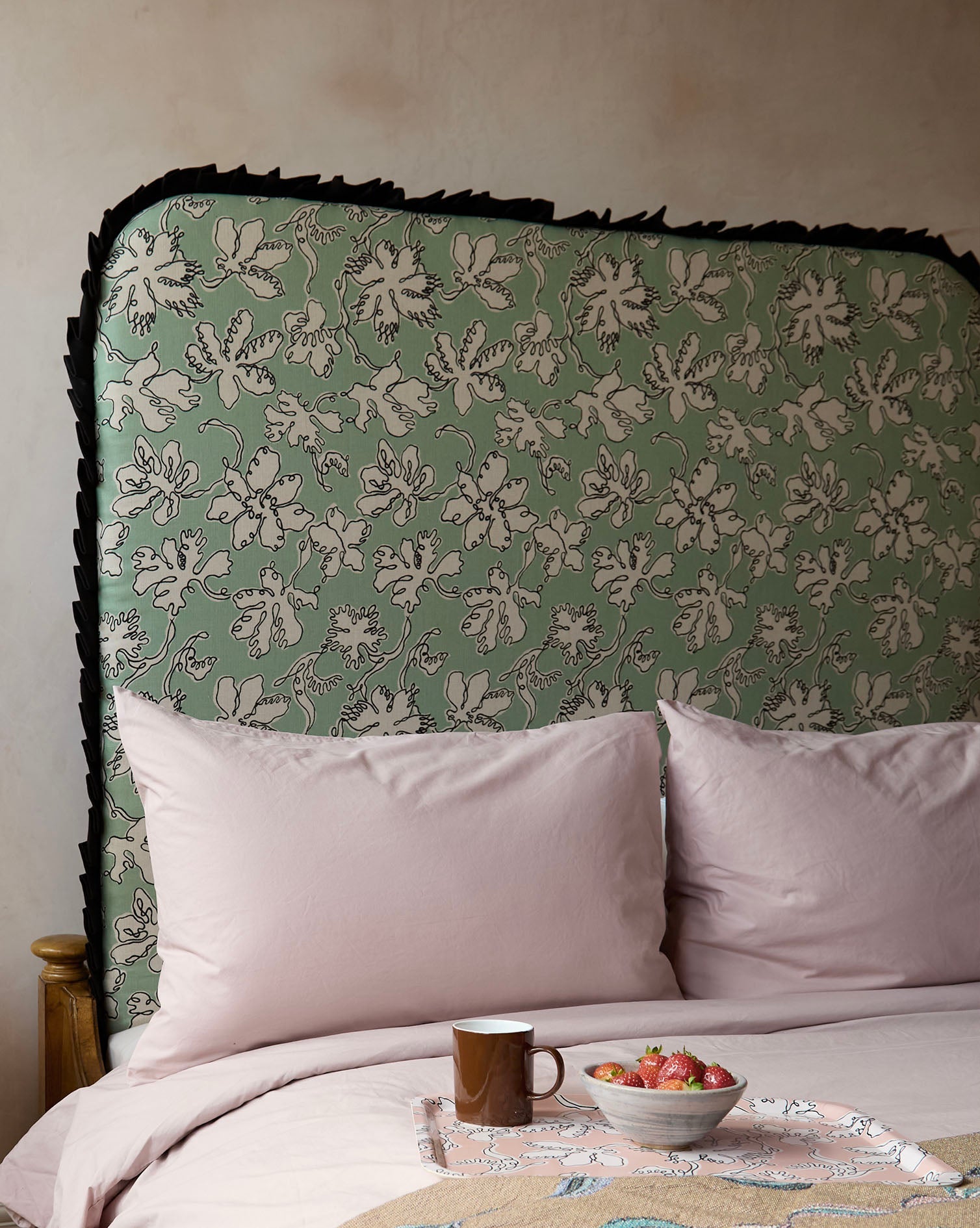 Curved Frill Headboard in Seafoam Floral Sketch