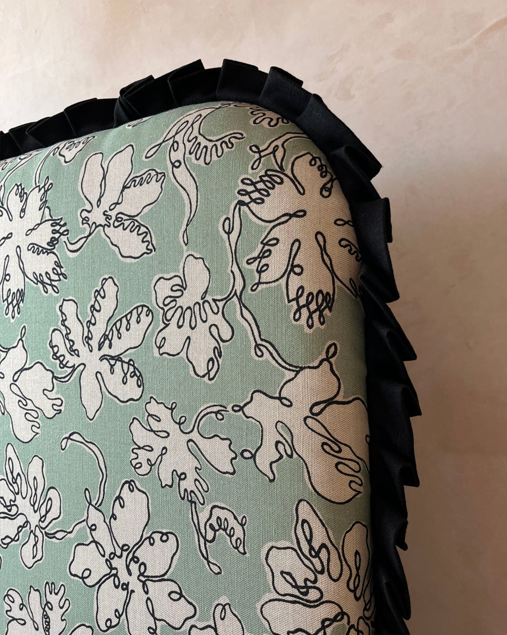 Curved Frill Headboard in Seafoam Floral Sketch
