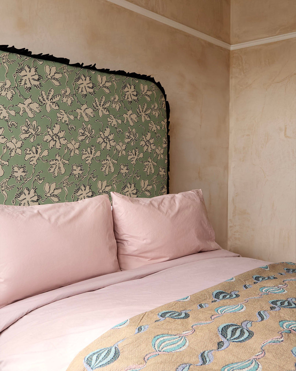 Curved Frill Headboard in Seafoam Floral Sketch