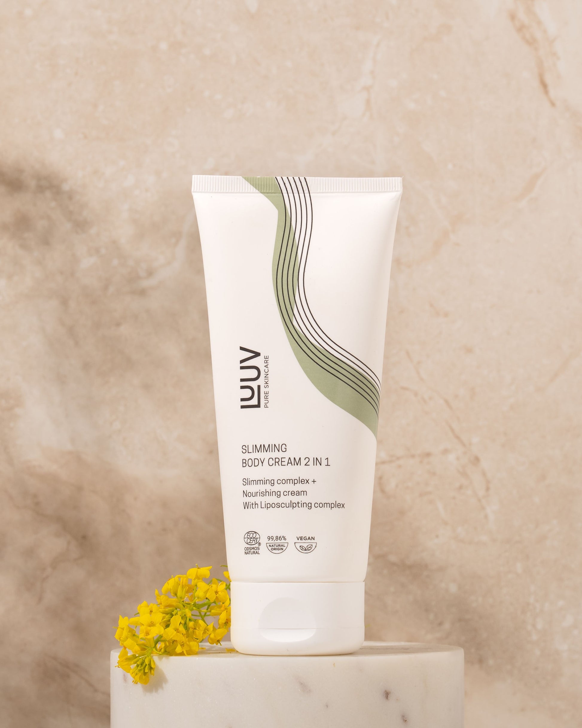 eco-conscious slimming cream jar with shea butter on a natural wood surface
