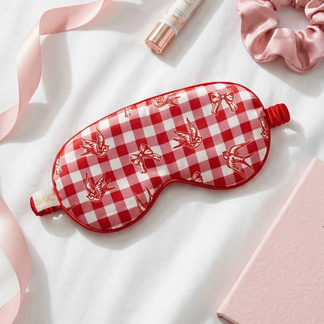 Satin Sleep Mask in Gingham Bows and Birds Print