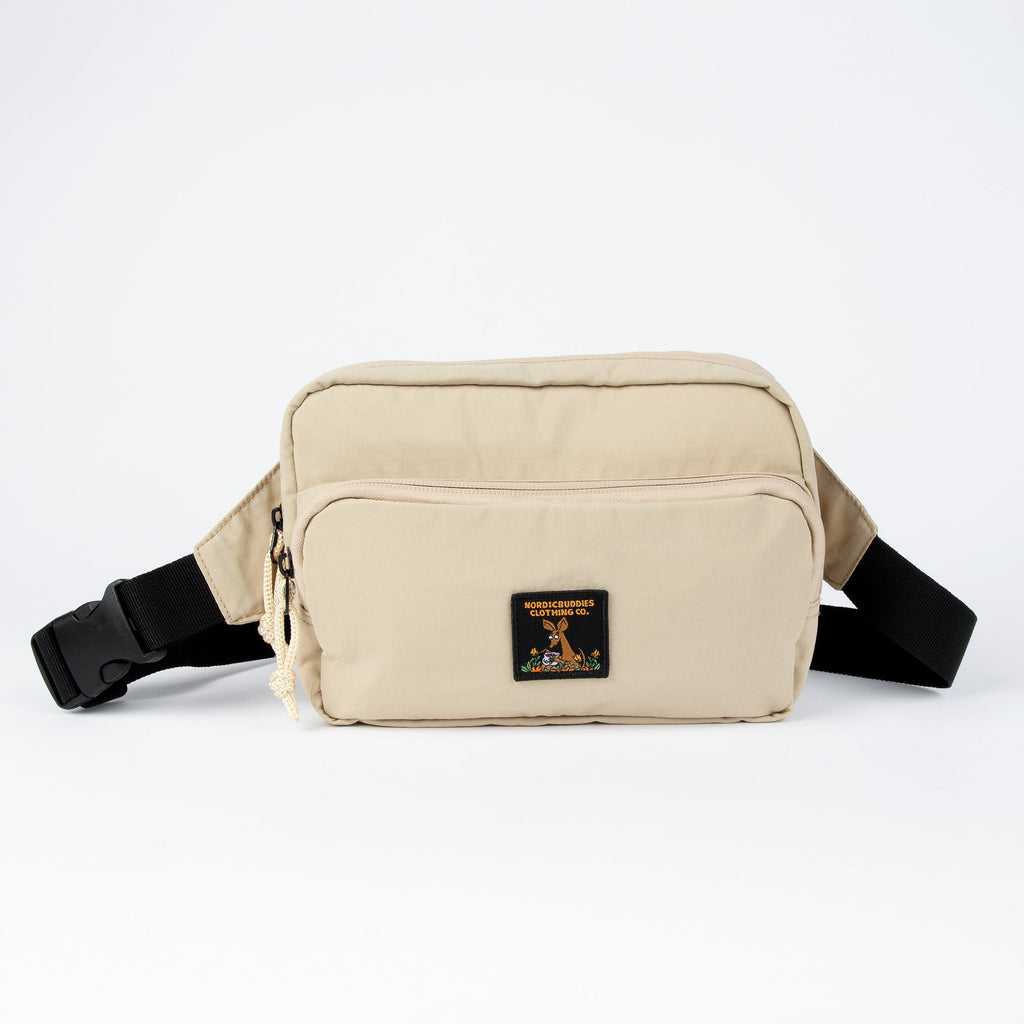 sniff the moomin character on a beige waist bag with an adjustable strap for hands-free convenience