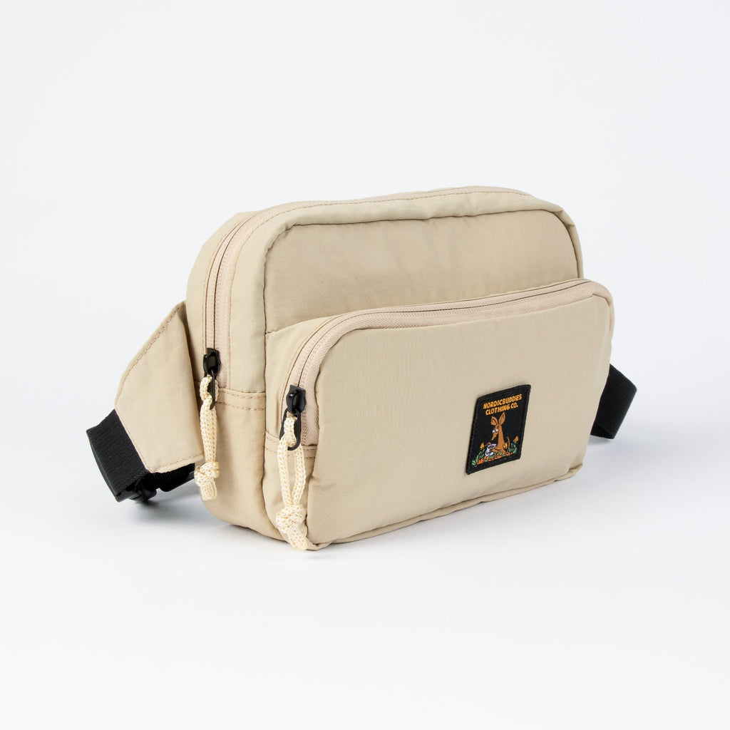 sniff moomin waist bag open showing its secure inside zipper pocket and adjustable strap