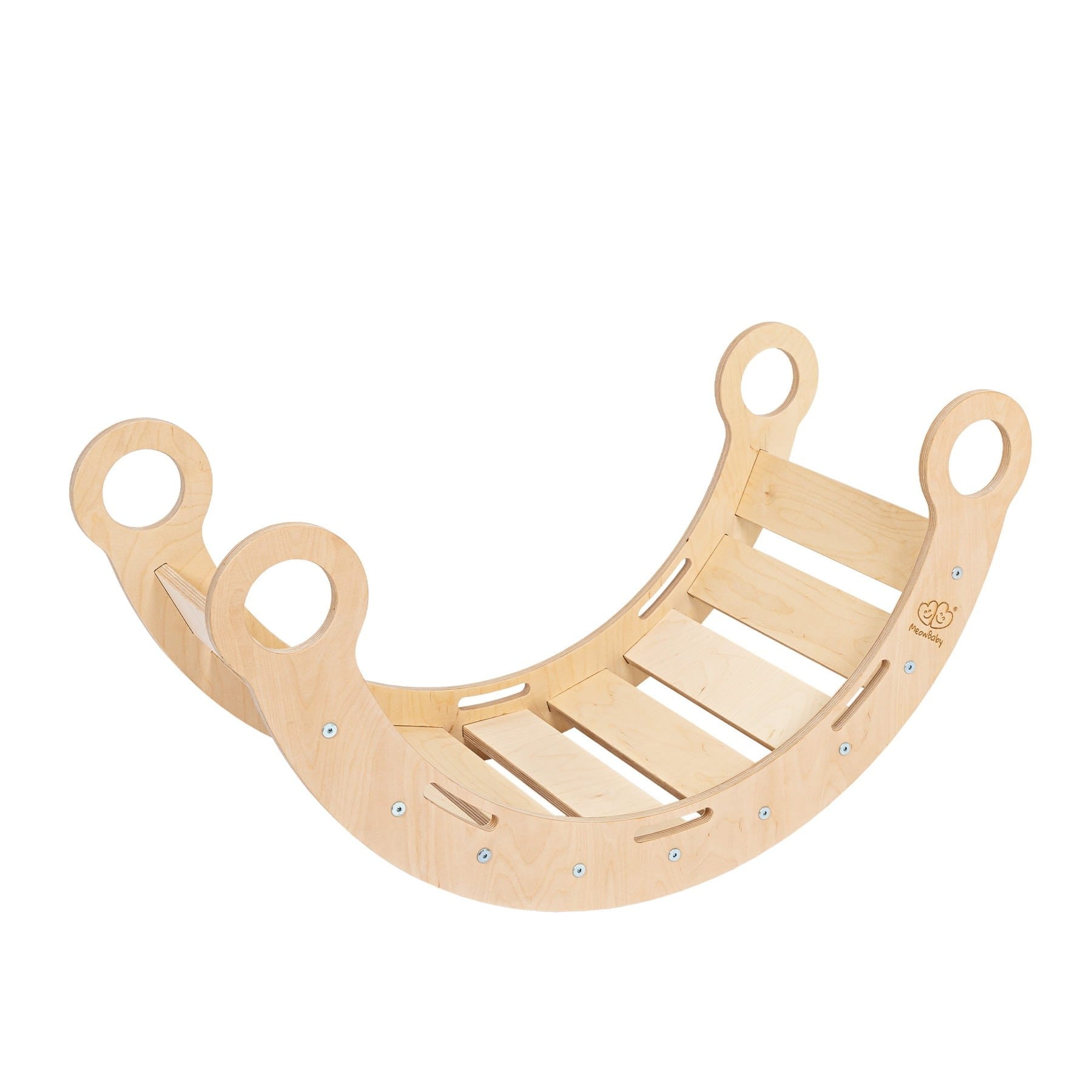 bold birch plywood kids rocker with grey pillow in a bright, modern nursery setting