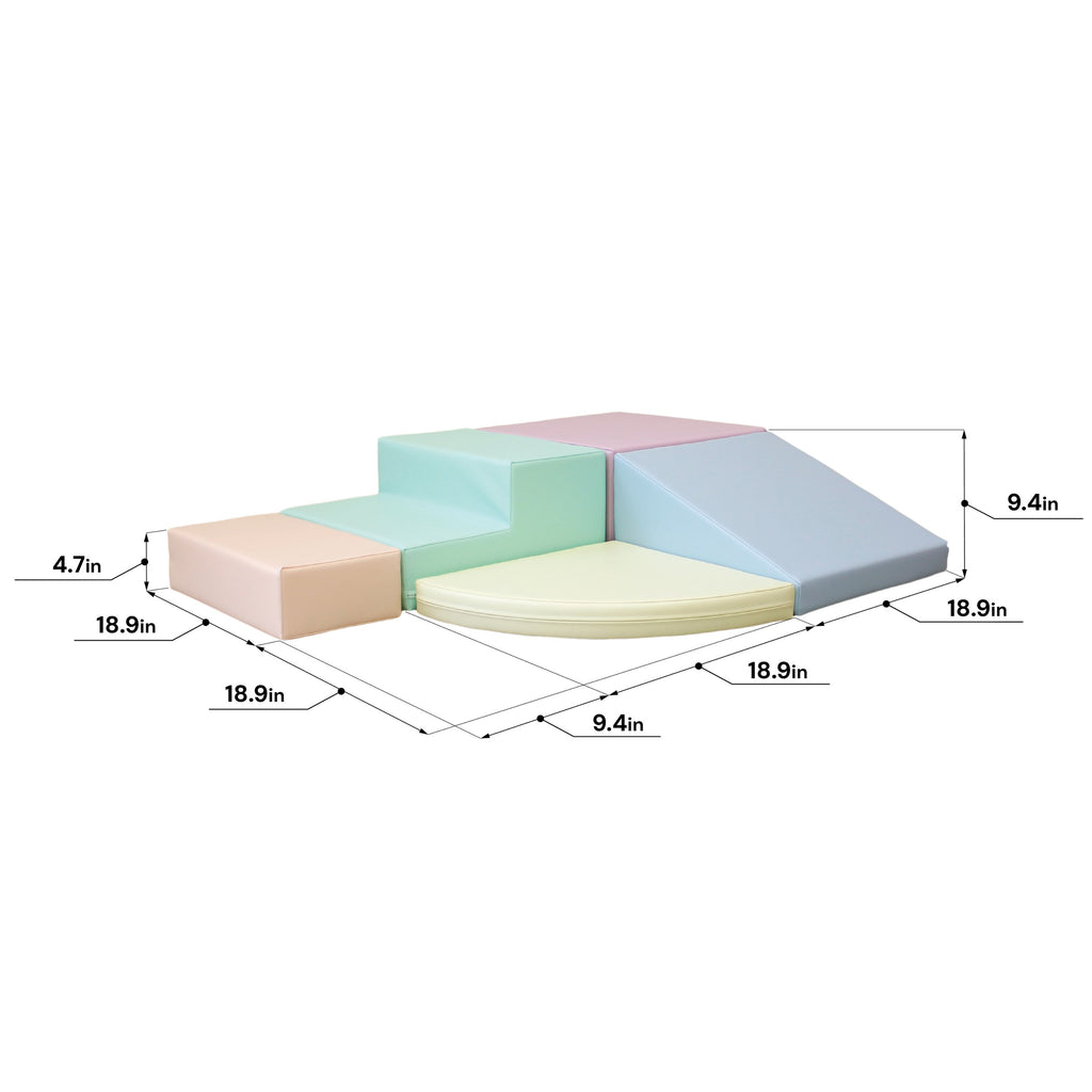 a soft pastel foam corner climber in a cozy, sunlit playroom setting