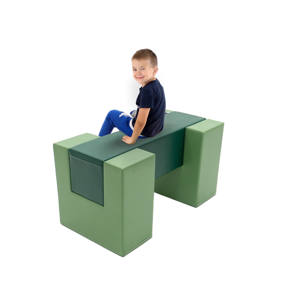 bold green iglu soft play balance bridge on a clean white background