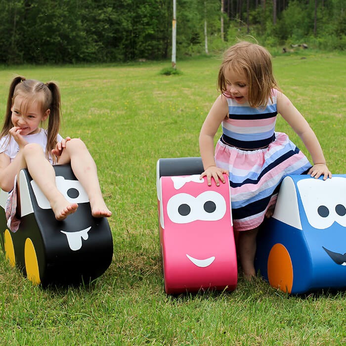 bold blue soft play car toy for kids on a bright adventure-ready background